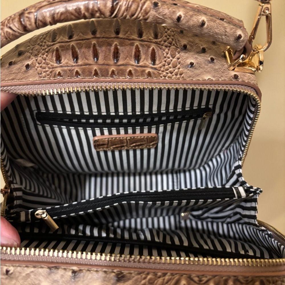 Round Croc-Embossed Crossbody Bag | Brown Ostrich Texture | Top Handle & Strap - Picture 5 of 9